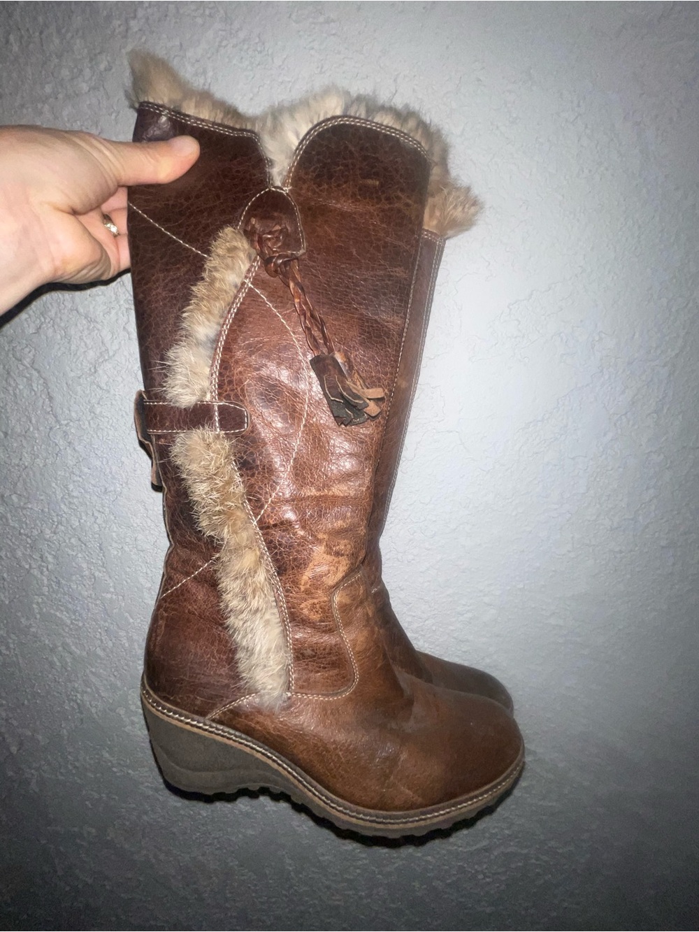 Vintage Nine West Brown Faux-Fur Trim Wedge Mid-Calf Bootssize 7.5